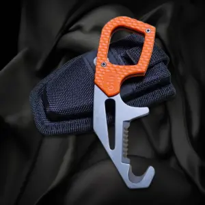 Gill-Rettungsmesser mit orangefarbenem Griff in einer schwarzen Tasche