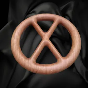 Ronde houten ring van kersenhout met twee gekruiste binnenste steunbalken.