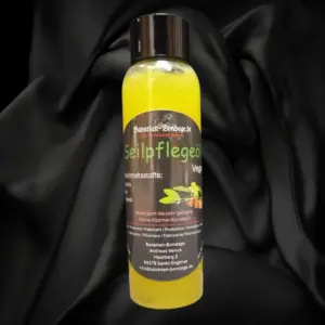 Veganes Seilpflegeöl von Bavarian-Bondage in einer Flasche mit schwarzem Verschluss und grüner Beschriftung.