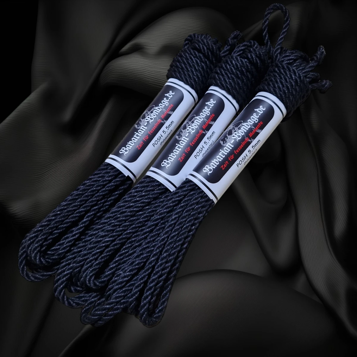 Drei schwarze POSH-Ropes aus Polyester in 5,5 mm Stärke mit jeweils 8 m Länge