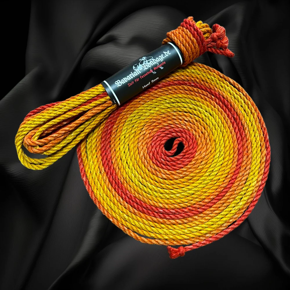 Mehrfarbiges Leinenhanf-Seil in Gelb und Orange, 5 mm, mit Triskenknoten